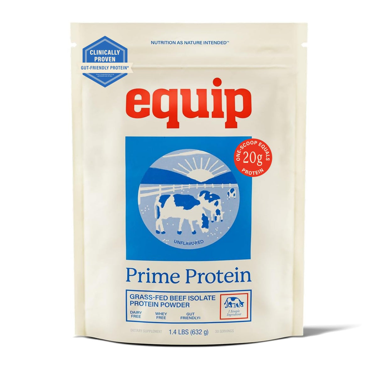 Equip envase Prime Protein Powder al frente mostrando diseño y tamaño, facilita elección informada