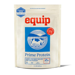 Equip envase Prime Protein Powder al frente mostrando diseño y tamaño, facilita elección informada