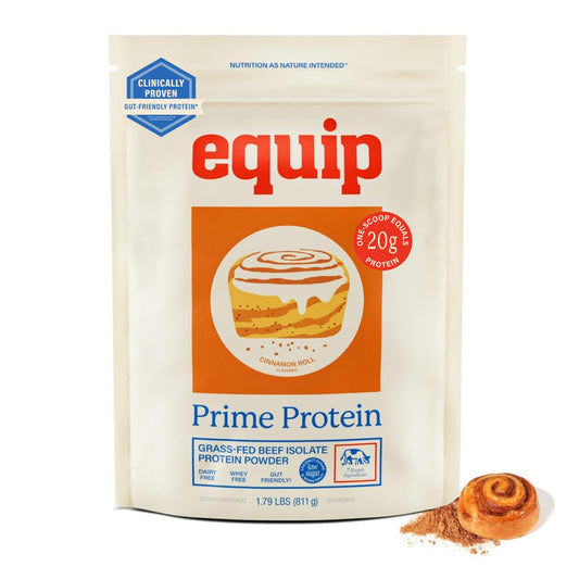 Equip Prime Protein Cinnamon Roll bote frontal mostrando el diseño y tamaño del envase