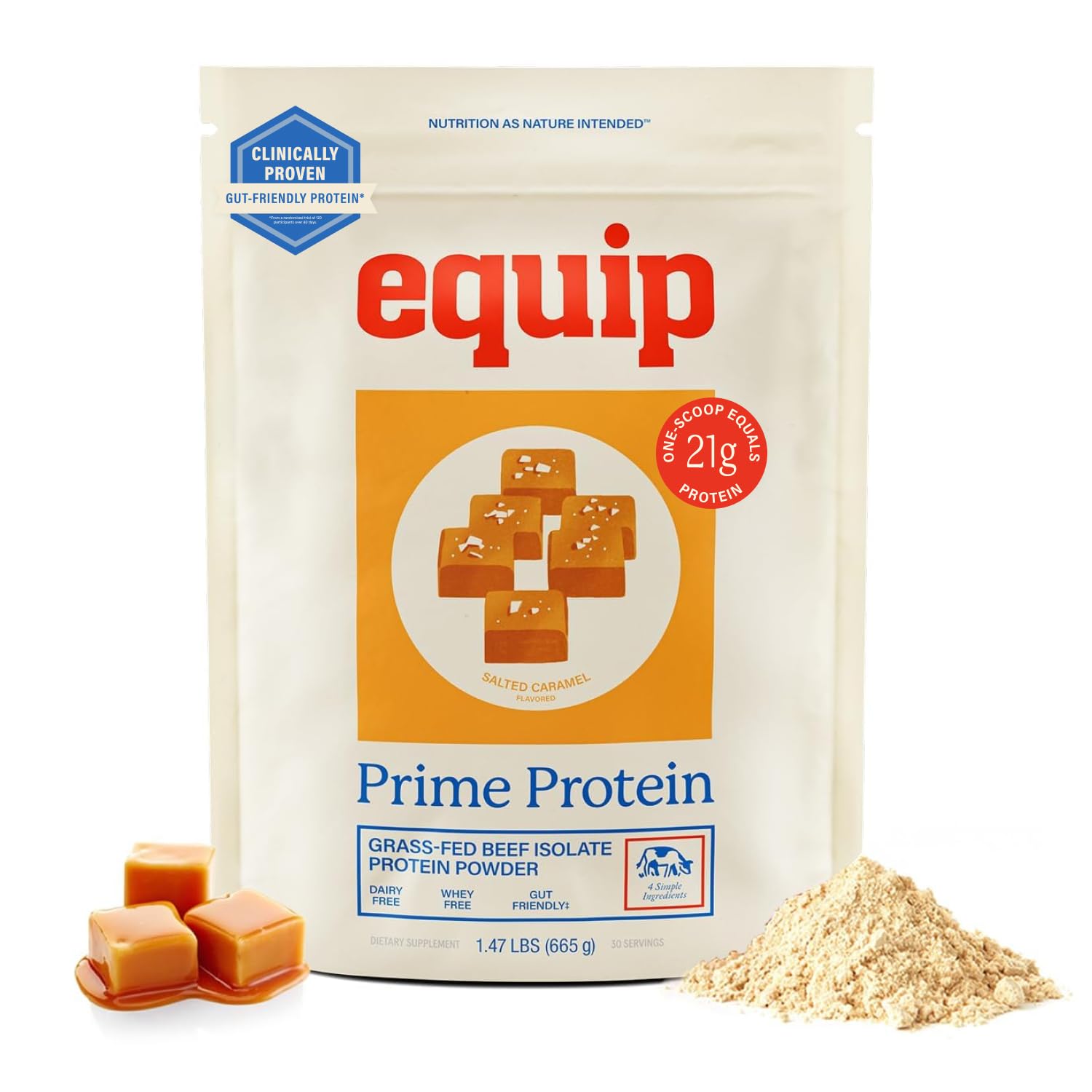 Equip frasco frontal con etiqueta clara y beneficio de proteína alta