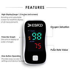 ESPOO pantalla LED encendida mostrando SpO2 y pulso fácil lectura