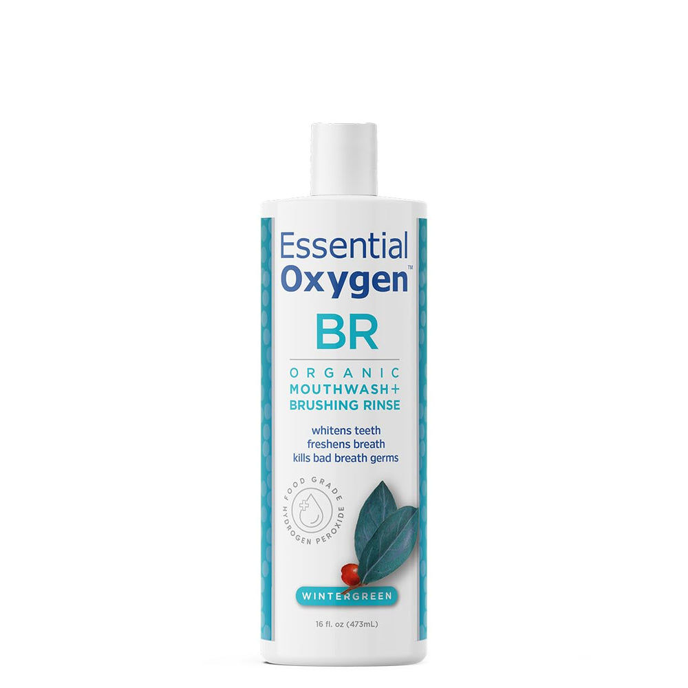 Essential Oxygen botella frontal mostrando etiqueta y tamaño para identificación rápida