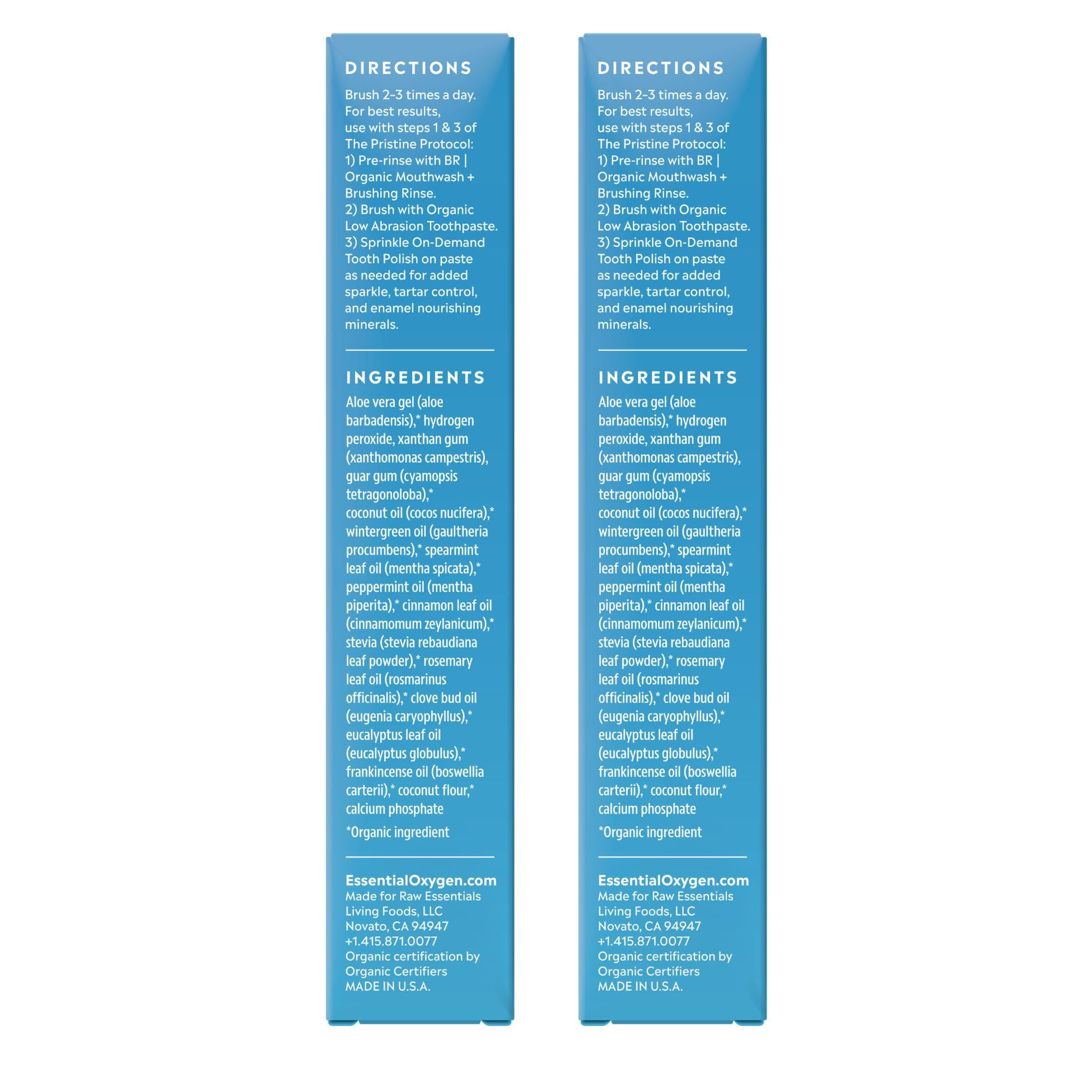 Essential Oxygen etiqueta de ingredientes orgánicos destacando ausencia de SLS