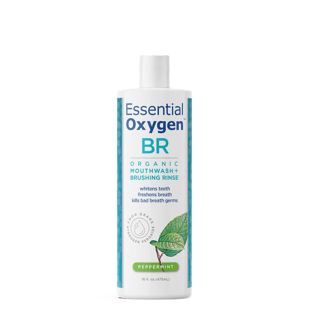 Essential Oxygen botella frontal mostrando etiqueta y beneficio de limpieza