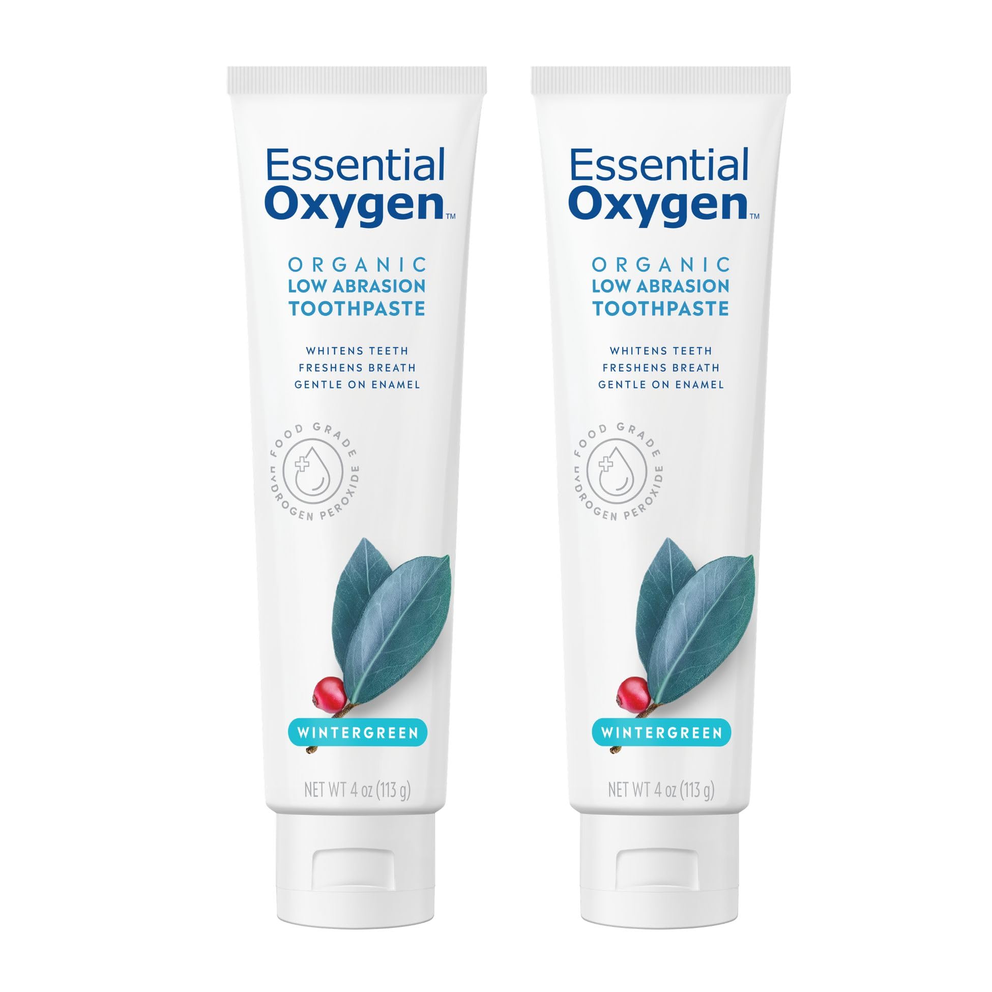 Essential Oxygen tubo frontal Wintergreen mostrando diseño y beneficio de limpieza suave