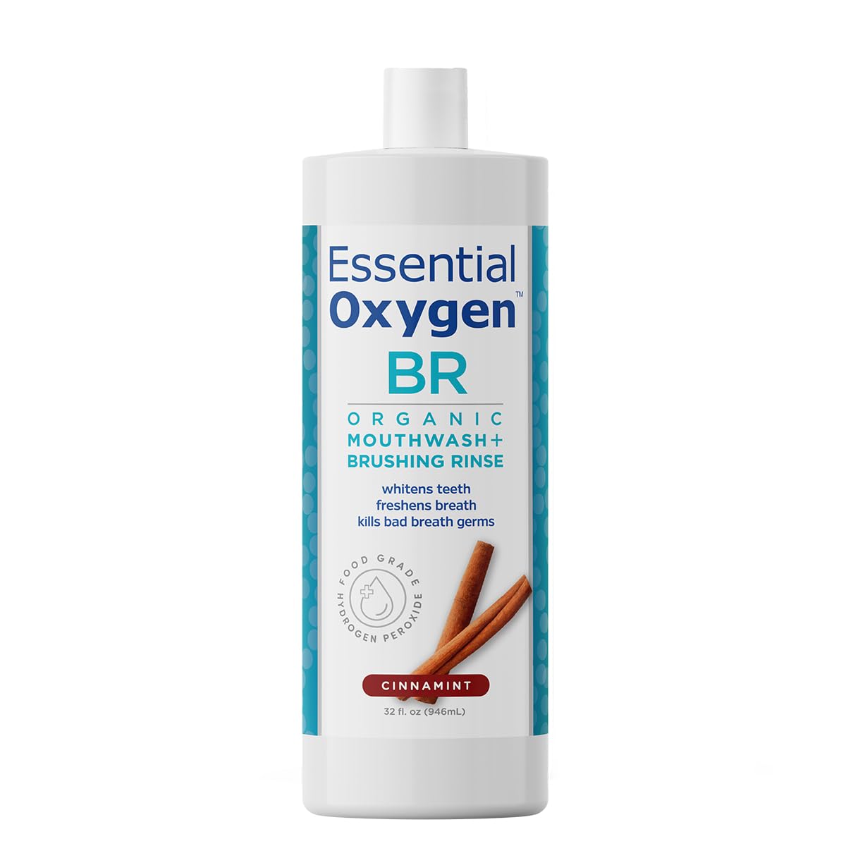 Essential Oxygen botella frontal Cinnamint mostrando etiqueta y beneficio de frescura