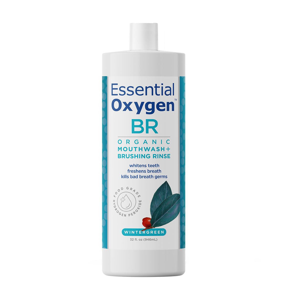 Essential Oxygen envase frontal de Brushing Rinse con etiqueta clara, beneficio limpieza eficaz