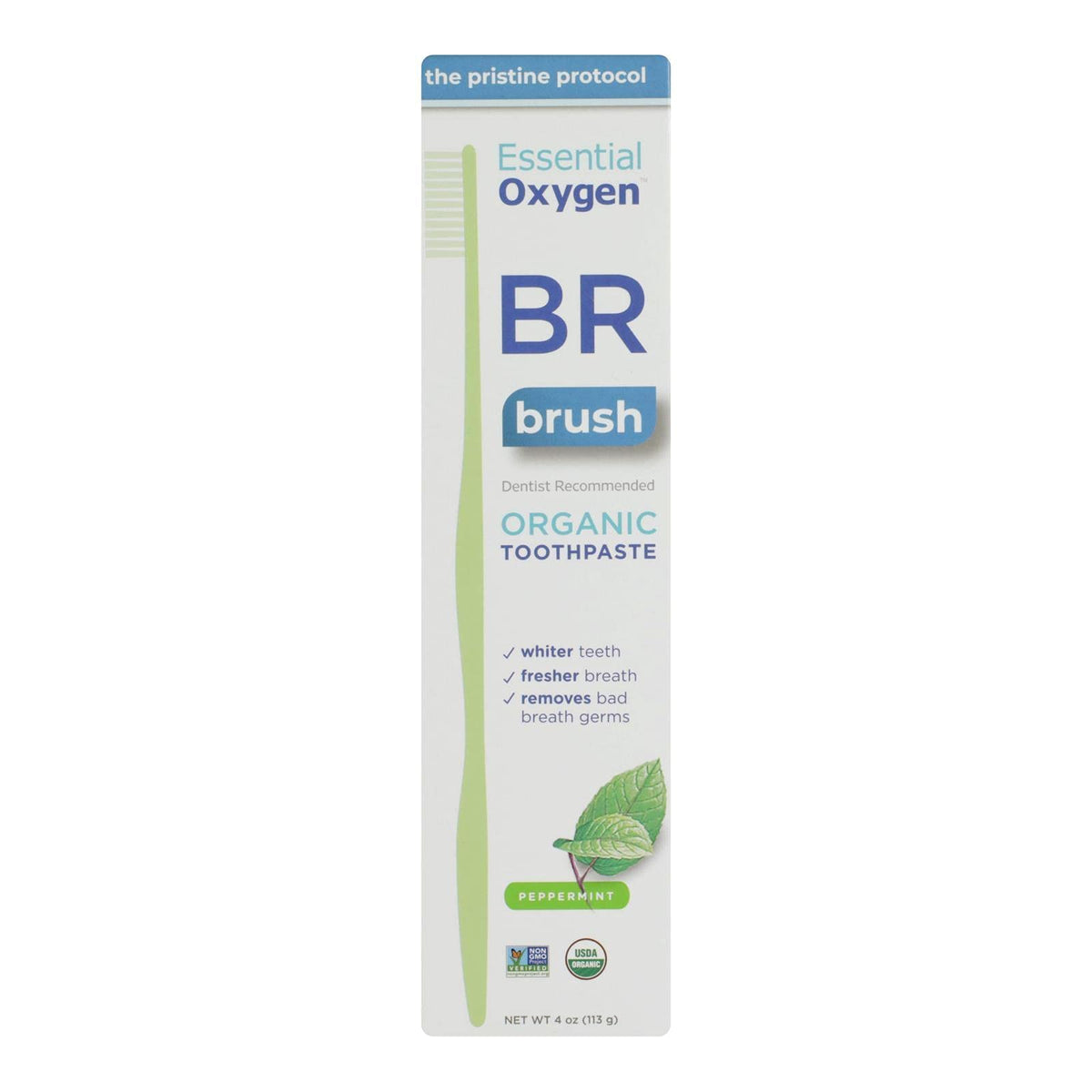 Essential Oxygen frente del tubo mostrando etiqueta y tamaño 4 oz, limpieza natural