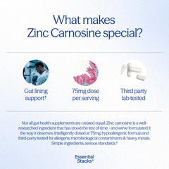 Essential Stacks ingrediente zinc carnosine en foco mostrando pureza y dosificación