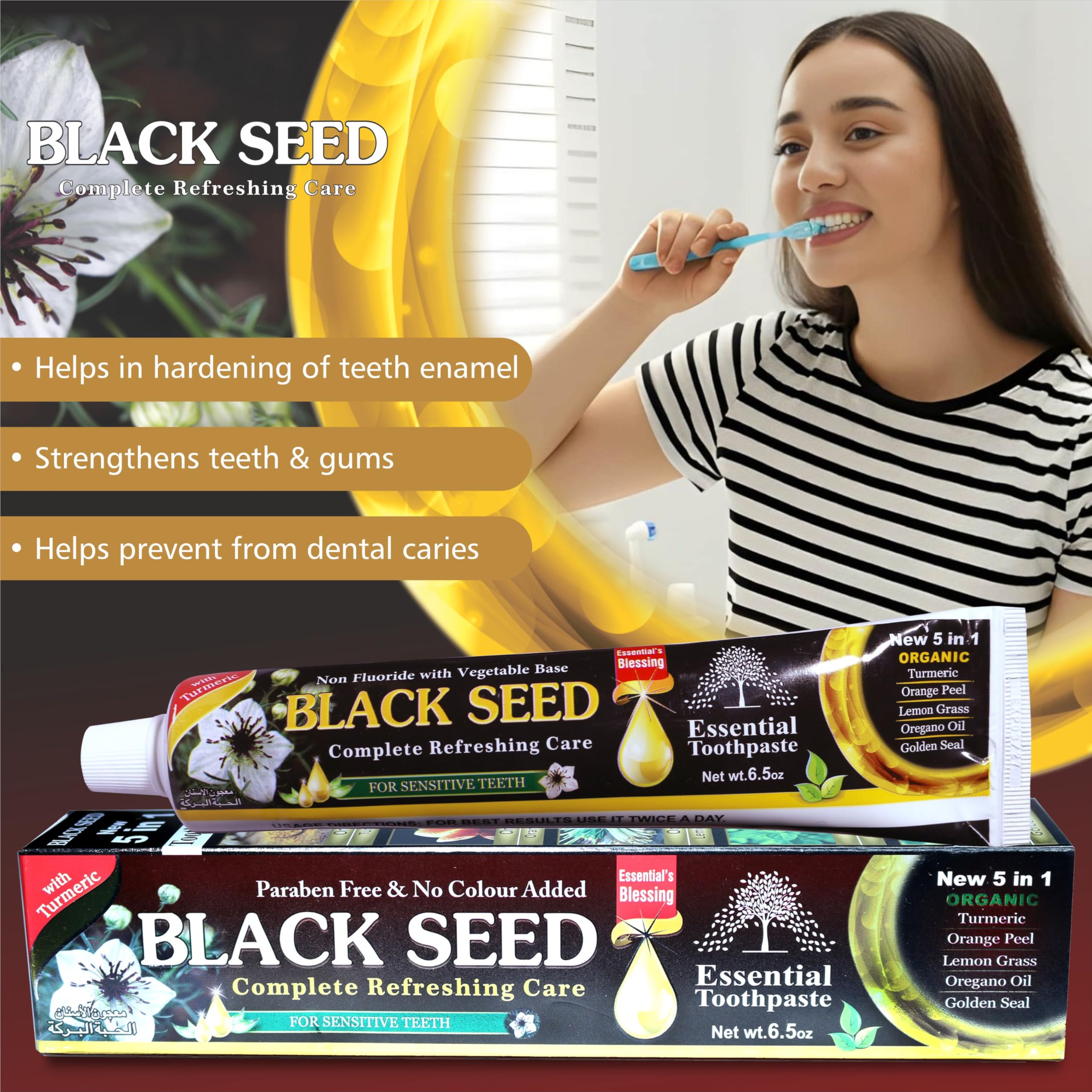 ESSENTIAL TOOTHPASTE etiqueta con ingredientes destacando semilla negra y cítricos