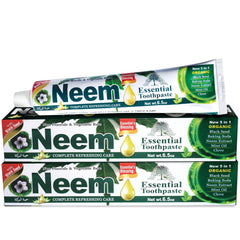 ESSENTIAL TOOTHPASTE NEEM frontal del empaque mostrando el pack doble y beneficio de conveniencia
