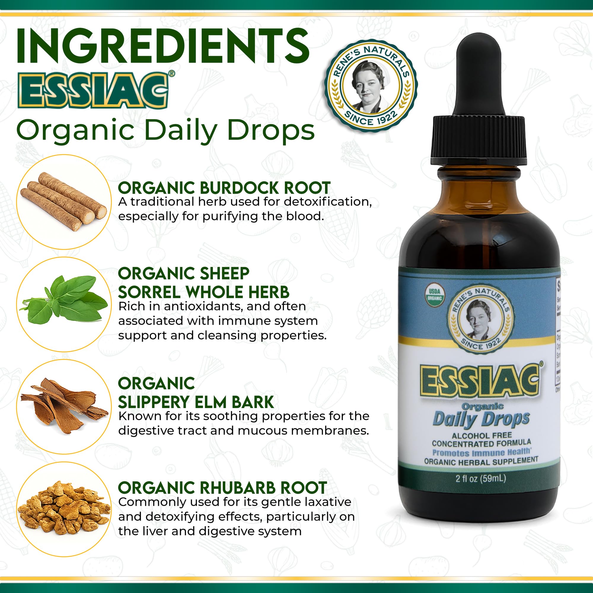 Essiac etiqueta con ingredientes orgánicos y sello tradicional