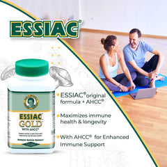 Etiqueta de Essiac Gold con lista de ingredientes y sello de calidad visible