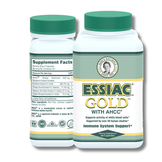 Essiac Gold envase frontal mostrando marca y diseño beneficios visuales