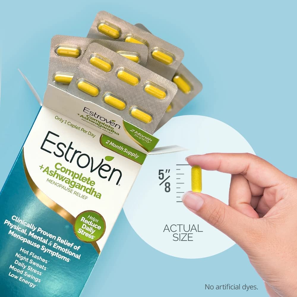 Estroven caja abierta con botella, presentación práctica para uso diario