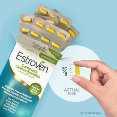 Estroven caja abierta con botella, presentación práctica para uso diario