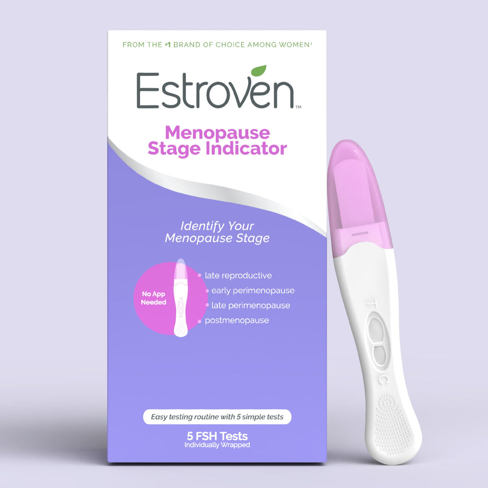 Estroven empaque frontal mostrando el kit y conteo de 5 pruebas, para tranquilidad