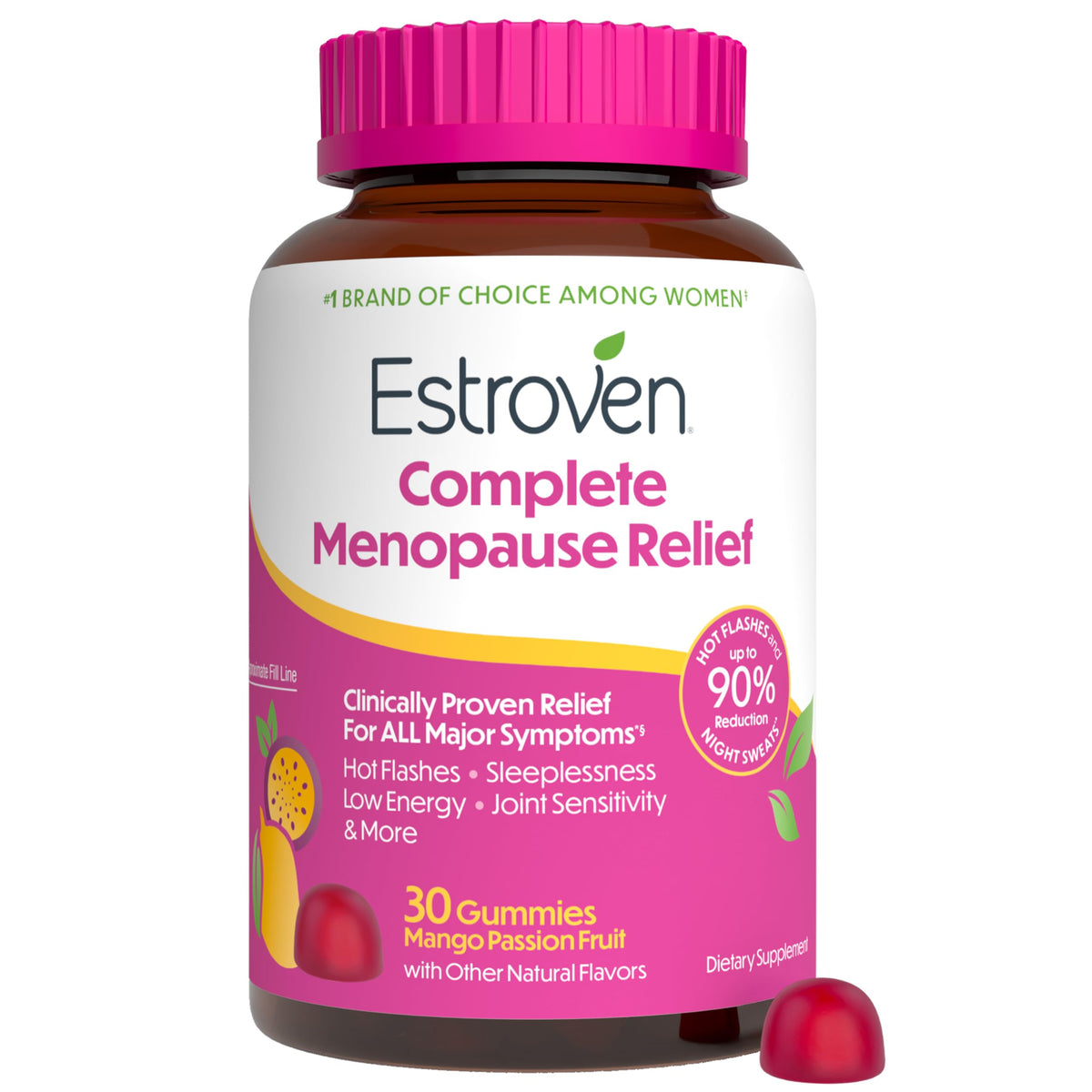 Estroven envase frontal resaltando alivio menopausia y etiqueta visible