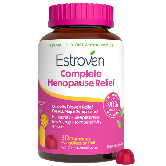 Estroven envase frontal resaltando alivio menopausia y etiqueta visible