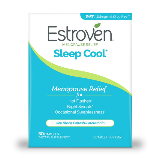Estroven frente del envase mostrando diseño y beneficio de alivio nocturno