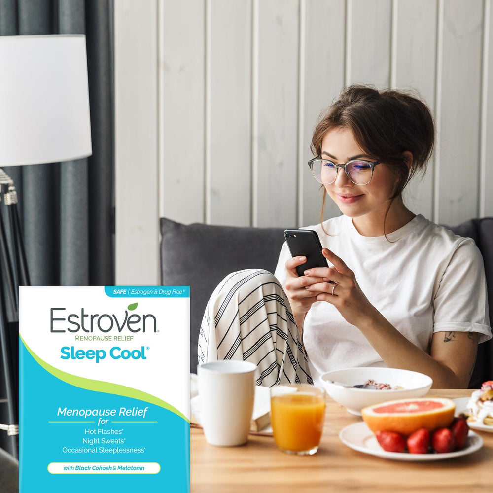 Estroven suplemento en dormitorio ilustrando apoyo al sueño reparador