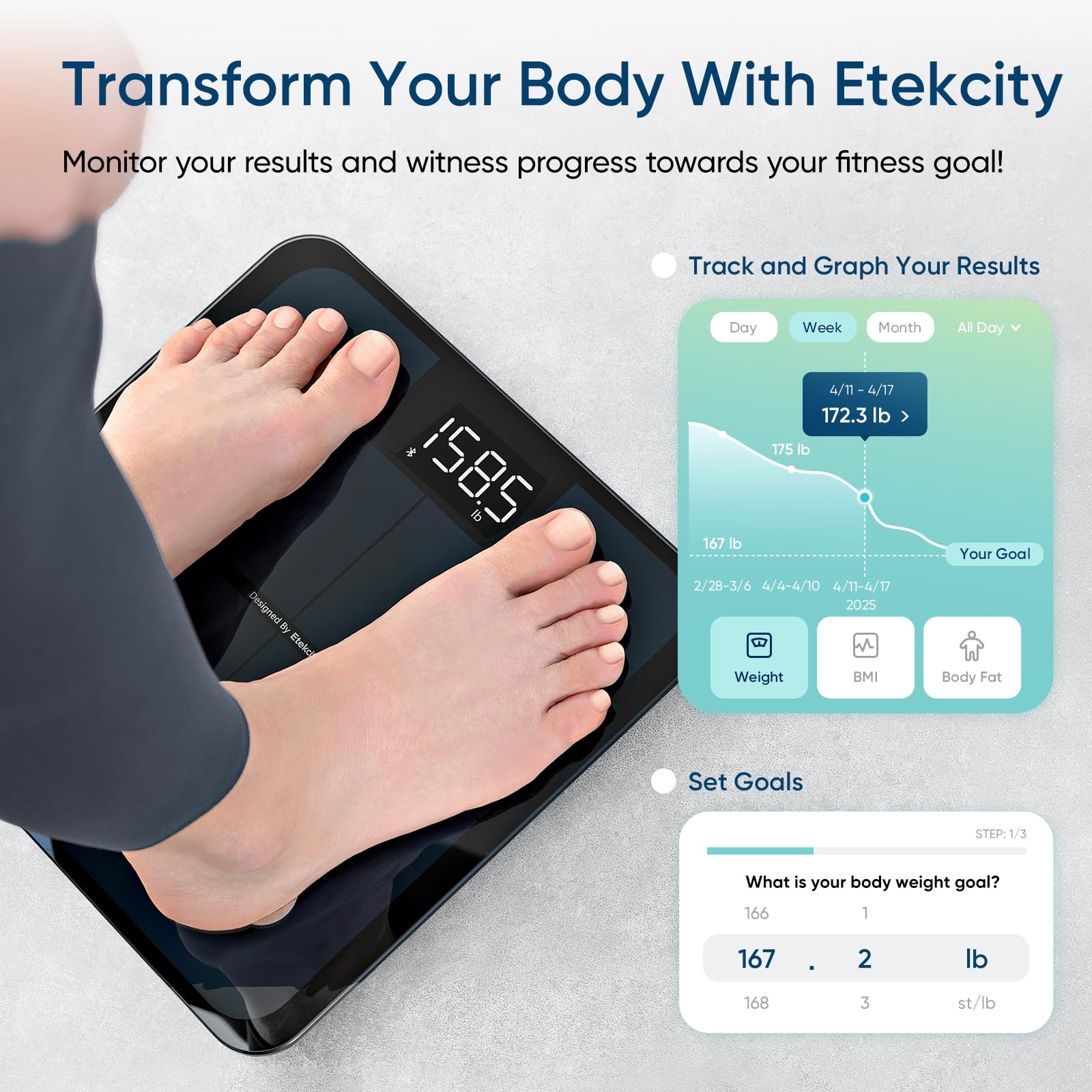 Etekcity báscula en uso con persona midiendo peso y seguimiento inmediato
