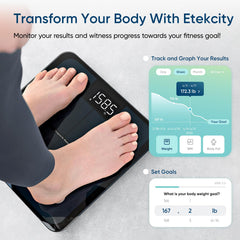 Etekcity báscula en uso con persona midiendo peso y seguimiento inmediato