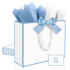 Bolsa Ethhqu frontal blanco con borde azul, aspecto elegante