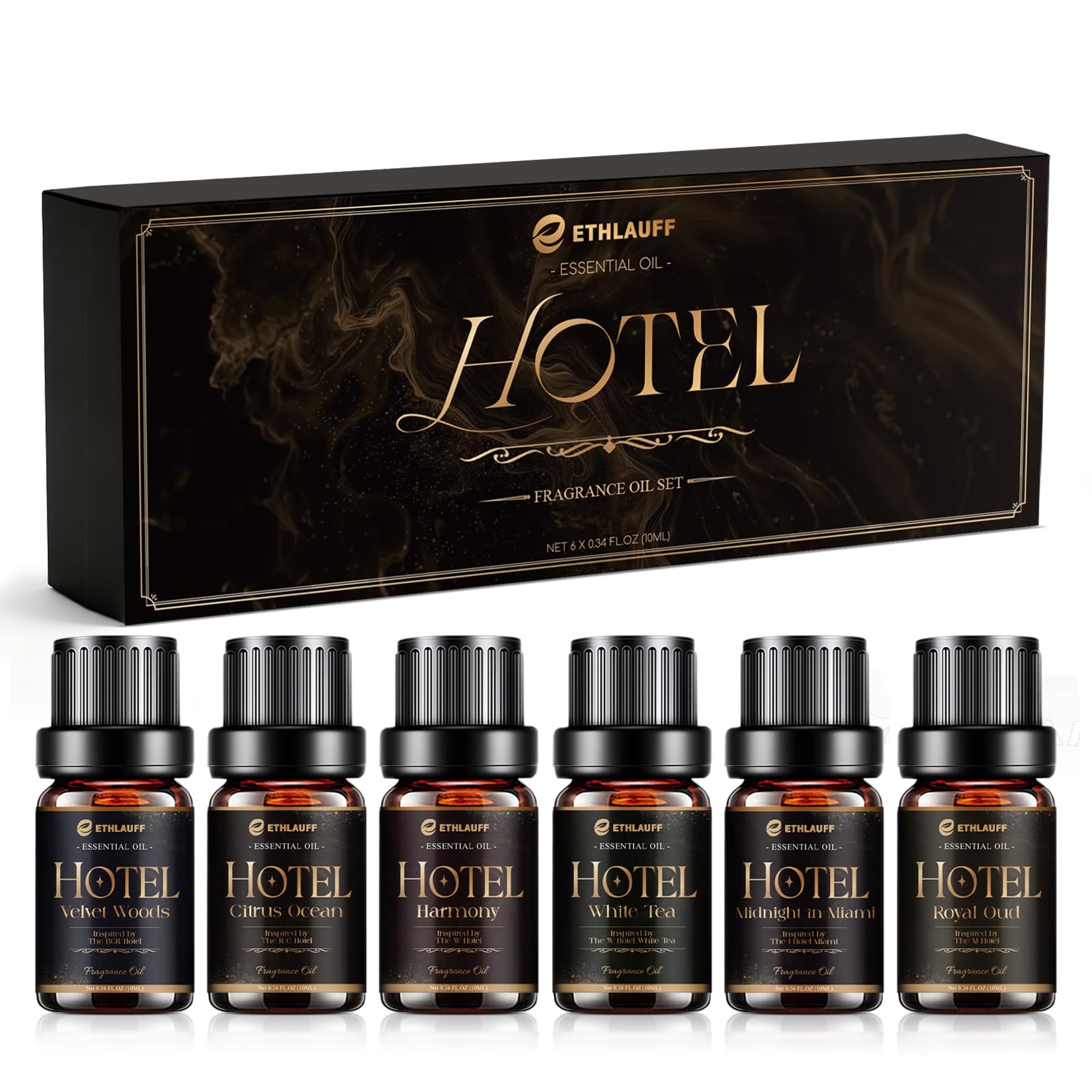 Ethlauff set frontal mostrando los seis frascos y su empaque elegante para regalo