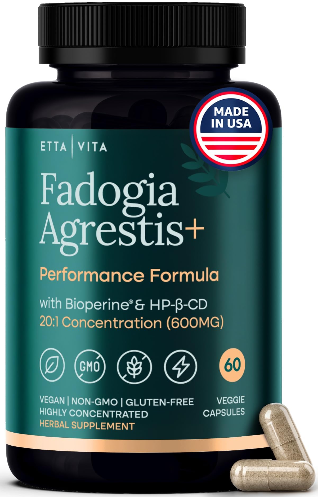 Etta Vita frasco frontal del suplemento mostrando la etiqueta y beneficio energético