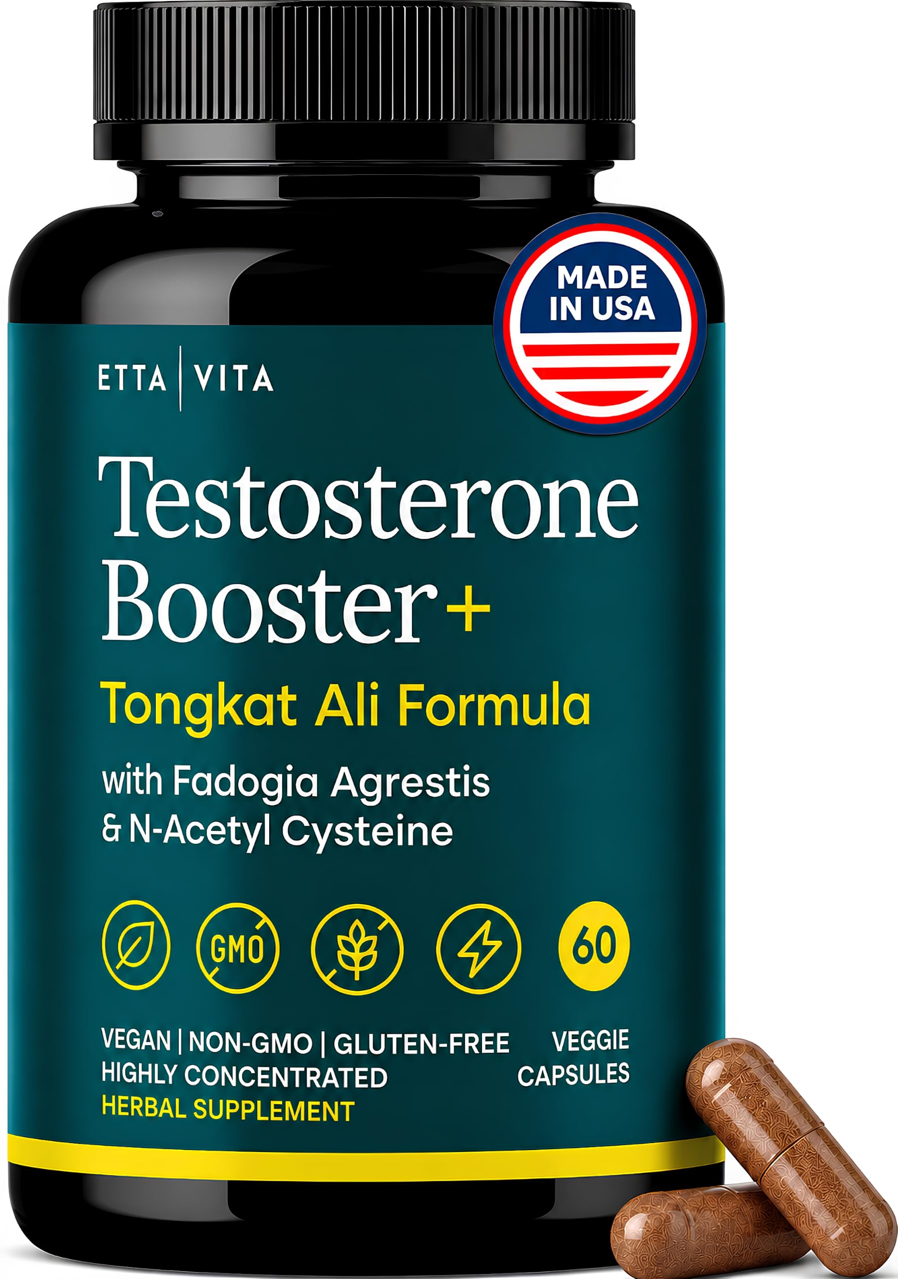 Envase Etta Vita Booster de Testosterona mostrando diseño frontal y beneficios.