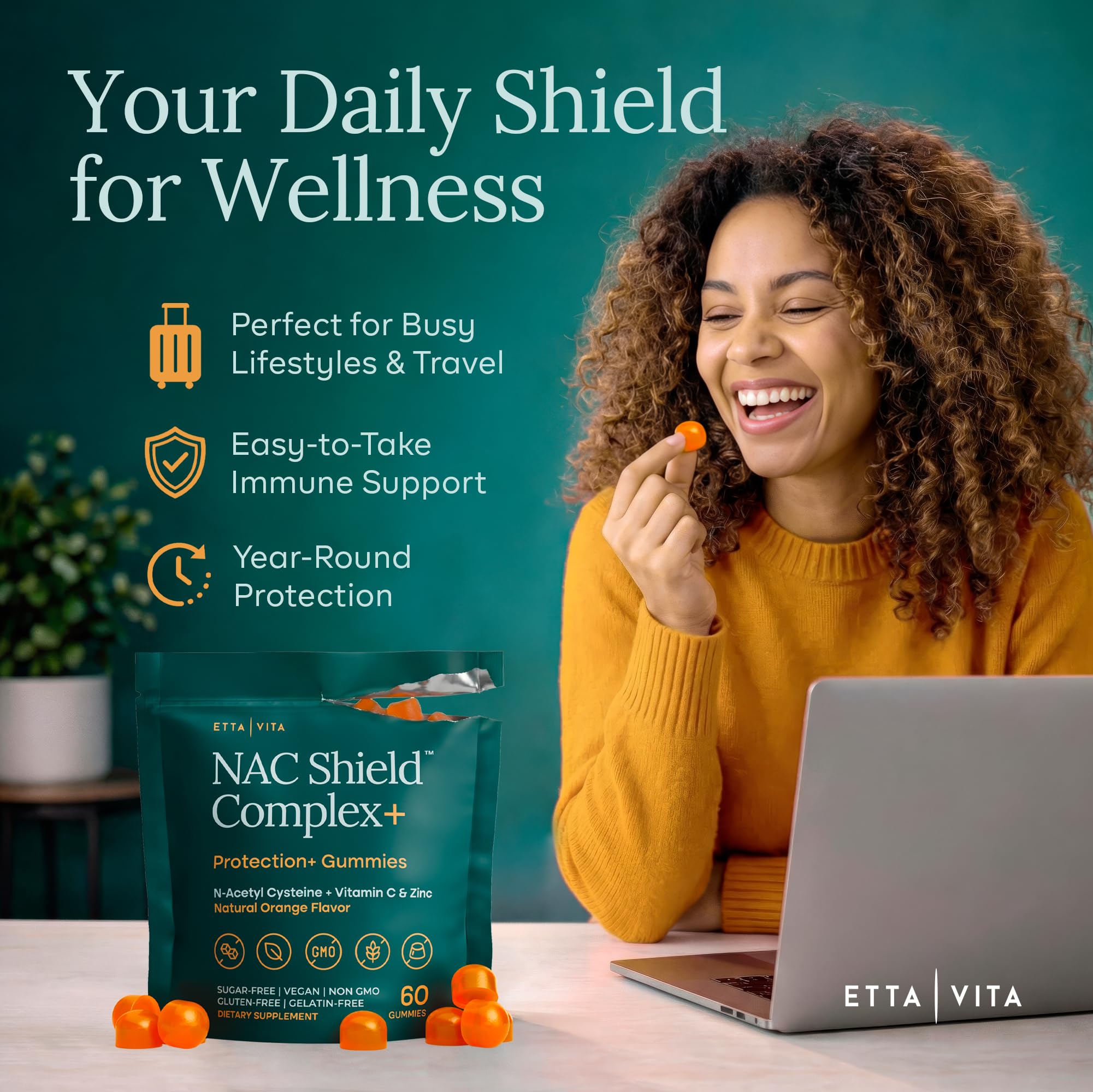 Etta Vita ingredientes NAC, vitamina C y zinc juntos resaltando sin azúcar
