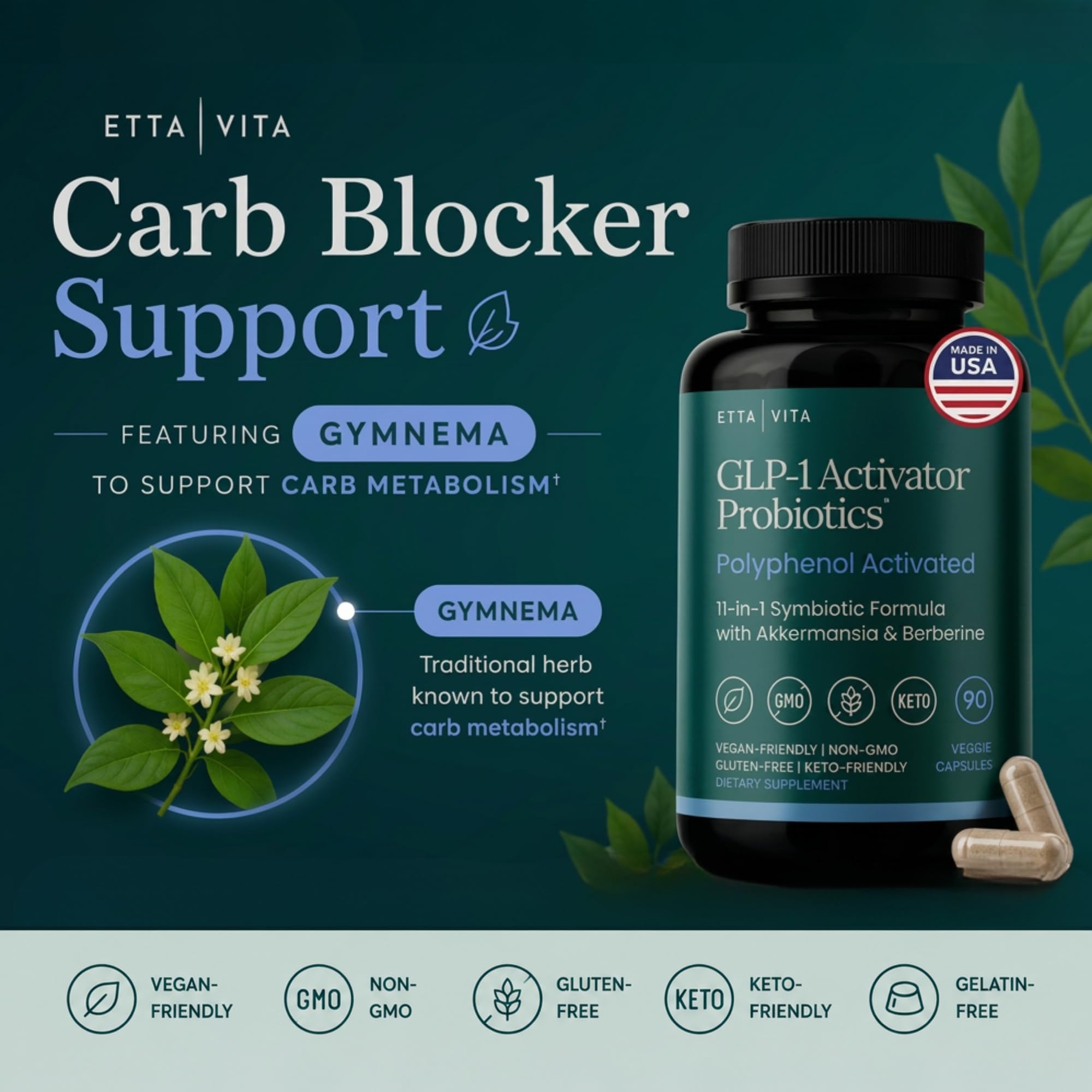 Etta Vita listado de ingredientes naturales resaltando prebióticos y probióticos