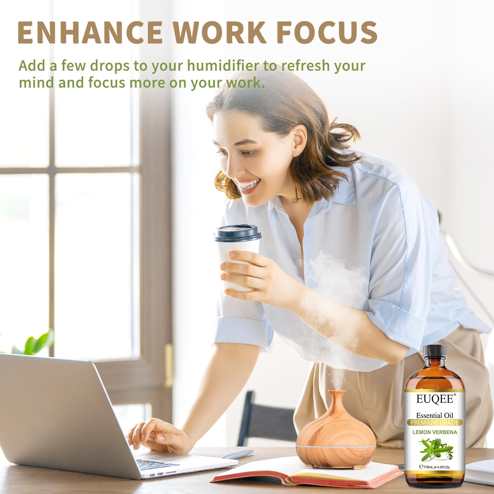 EUQEE aceite en difusor en una mañana para energía y foco