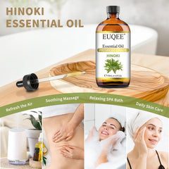 EUQEE gota de aceite Hinoki destacando pureza y textura clara