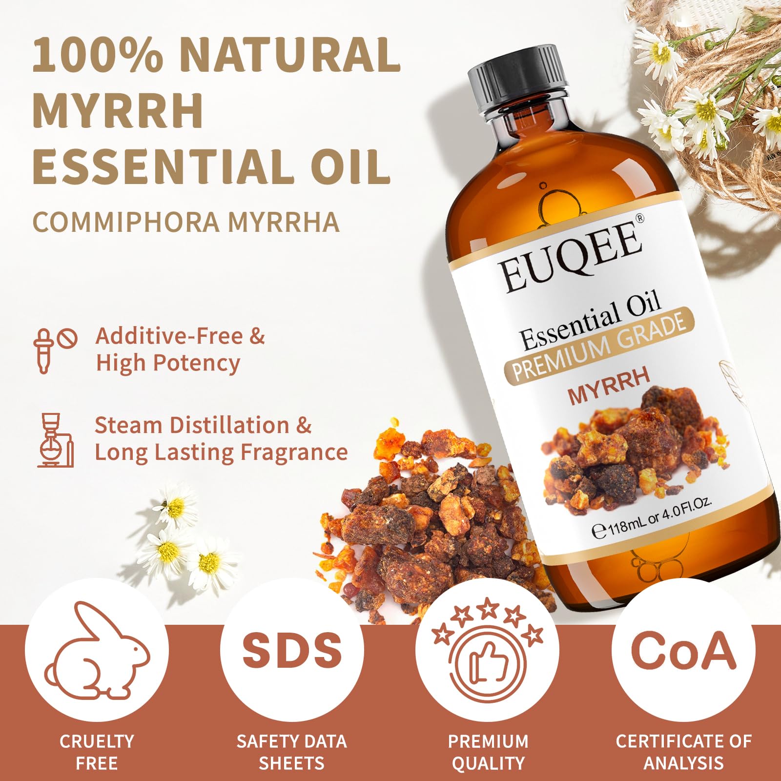 EUQEE mirra botella ámbar protegida de luz, conserva aroma
