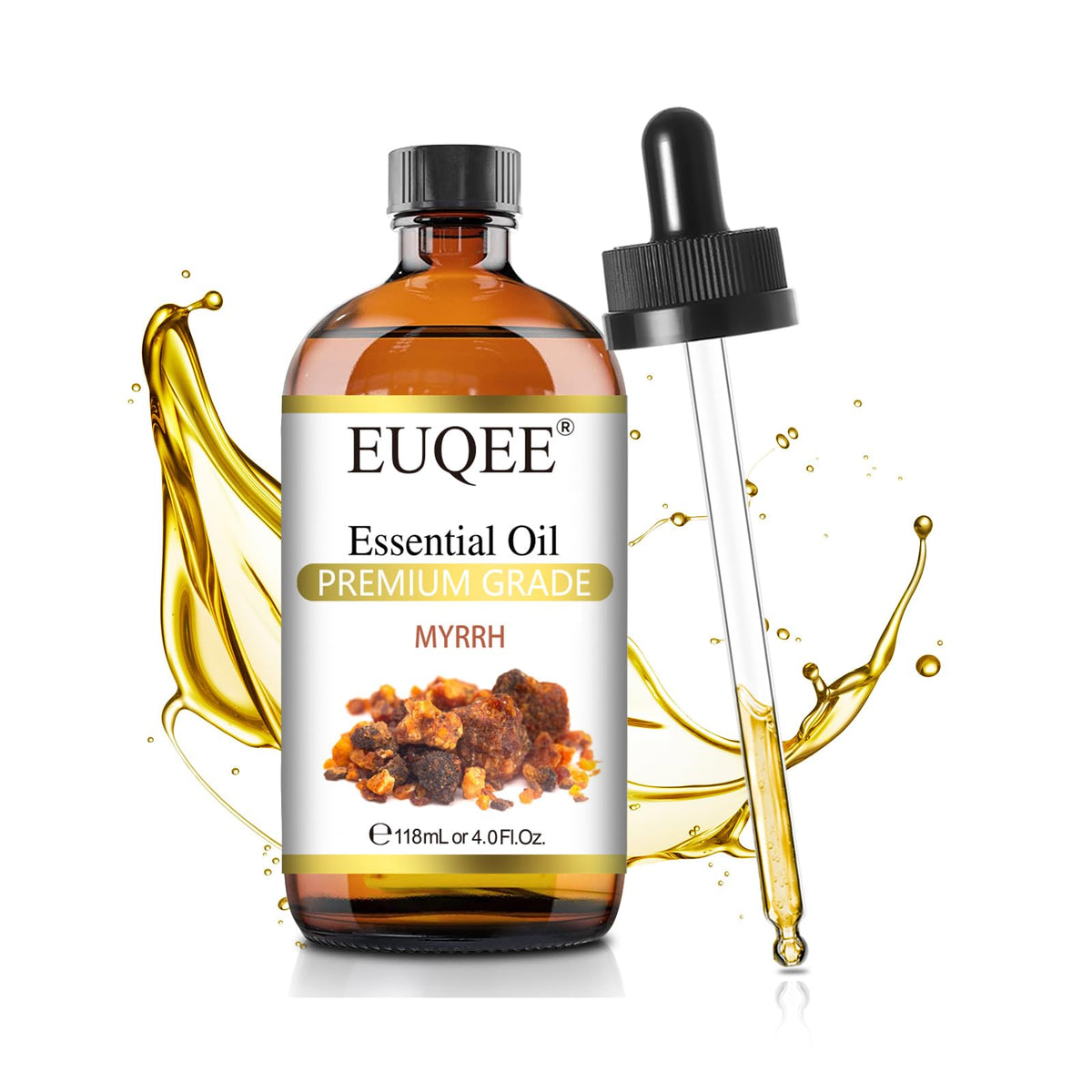 EUQEE mirra vista frontal botella ámbar, ideal para jabonería