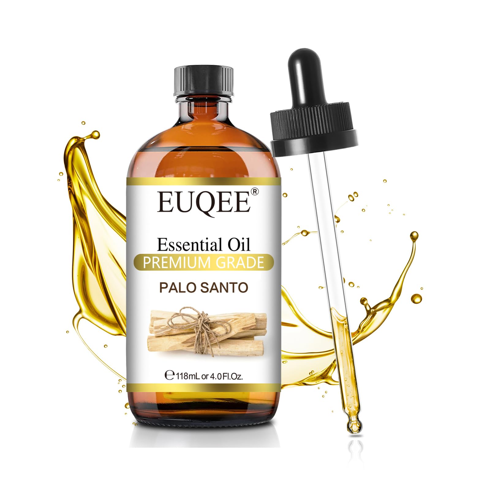 EUQEE frasco frontal de Palo Santo mostrando etiqueta y beneficio de relajación