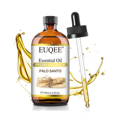EUQEE frasco frontal de Palo Santo mostrando etiqueta y beneficio de relajación