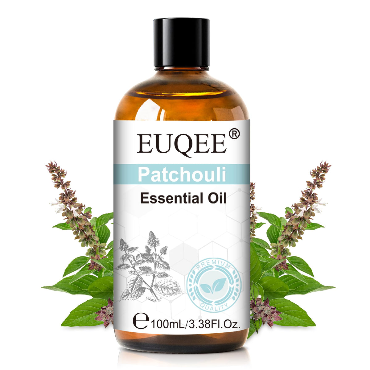 EUQEE frasco frontal de patchouli mostrando presentación ámbar y conservación