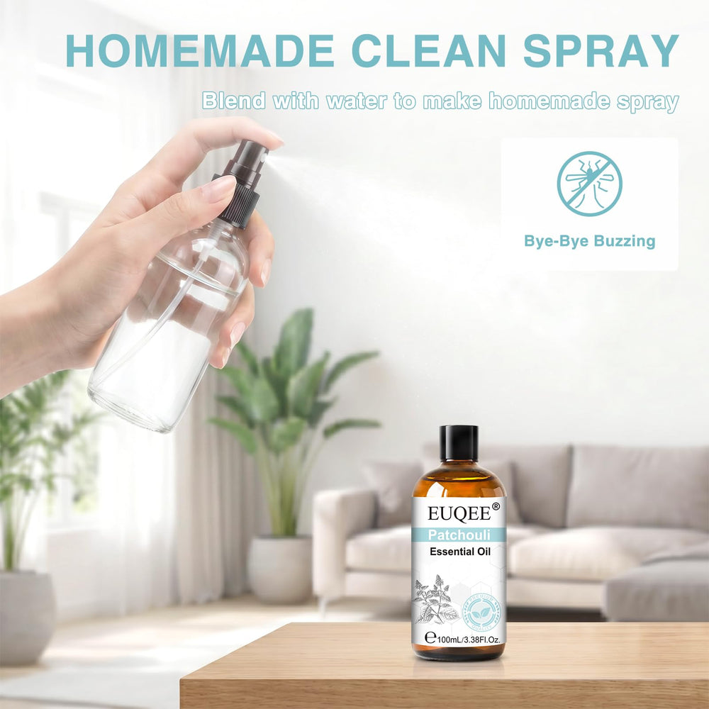 EUQEE preparación de mezcla de masaje con patchouli mostrando dilución segura