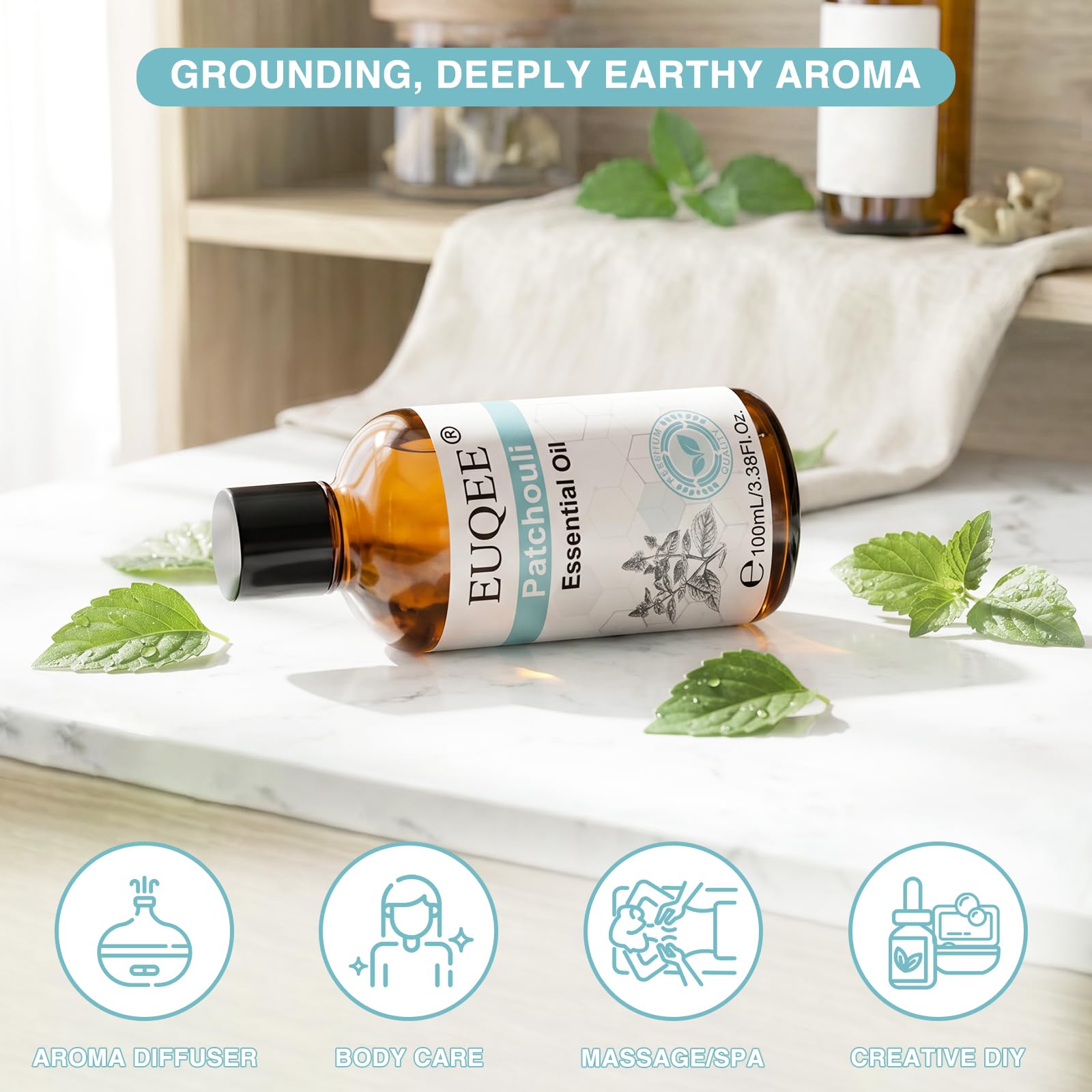 EUQEE gota de aceite patchouli sobre piel representando textura y pureza