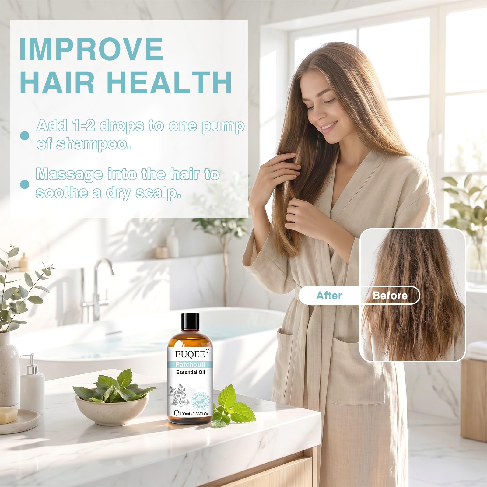 EUQEE difusor emitiendo aroma de patchouli creando ambiente relajante