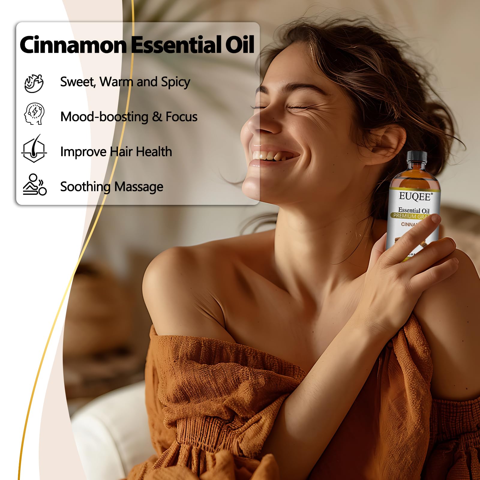 EUQEE aceite de canela textura dorada que aporta aroma cálido