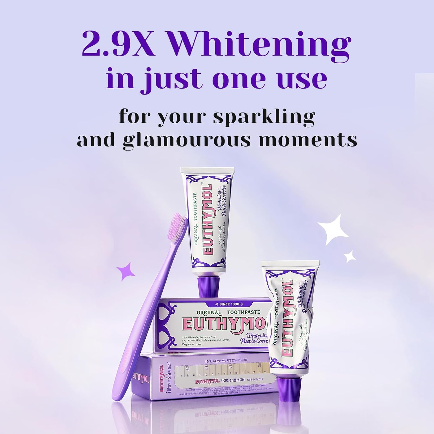 Euthymol color morado aplicado en mini cantidad mostrando efecto tono-up