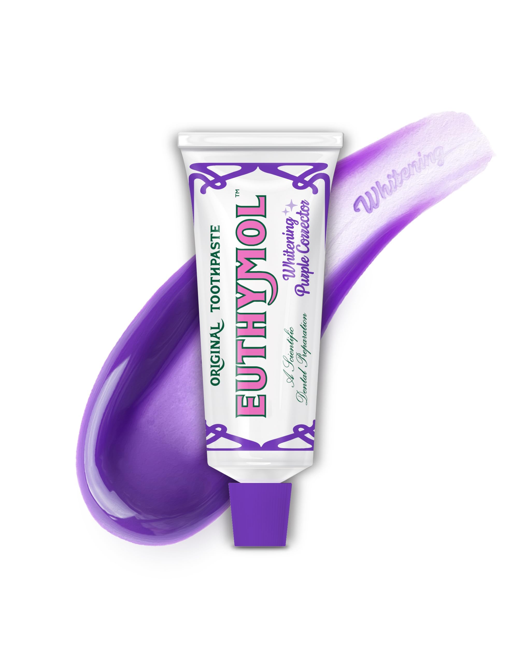 Euthymol frente del tubo mostrando color violeta y acabado brillante