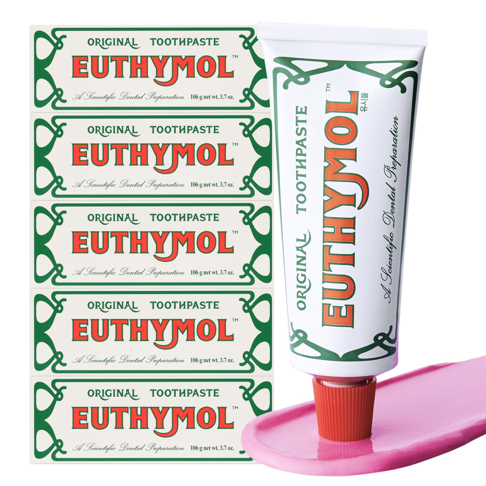 Euthymol tubo frontal rosado mostrando marca y beneficio de limpieza