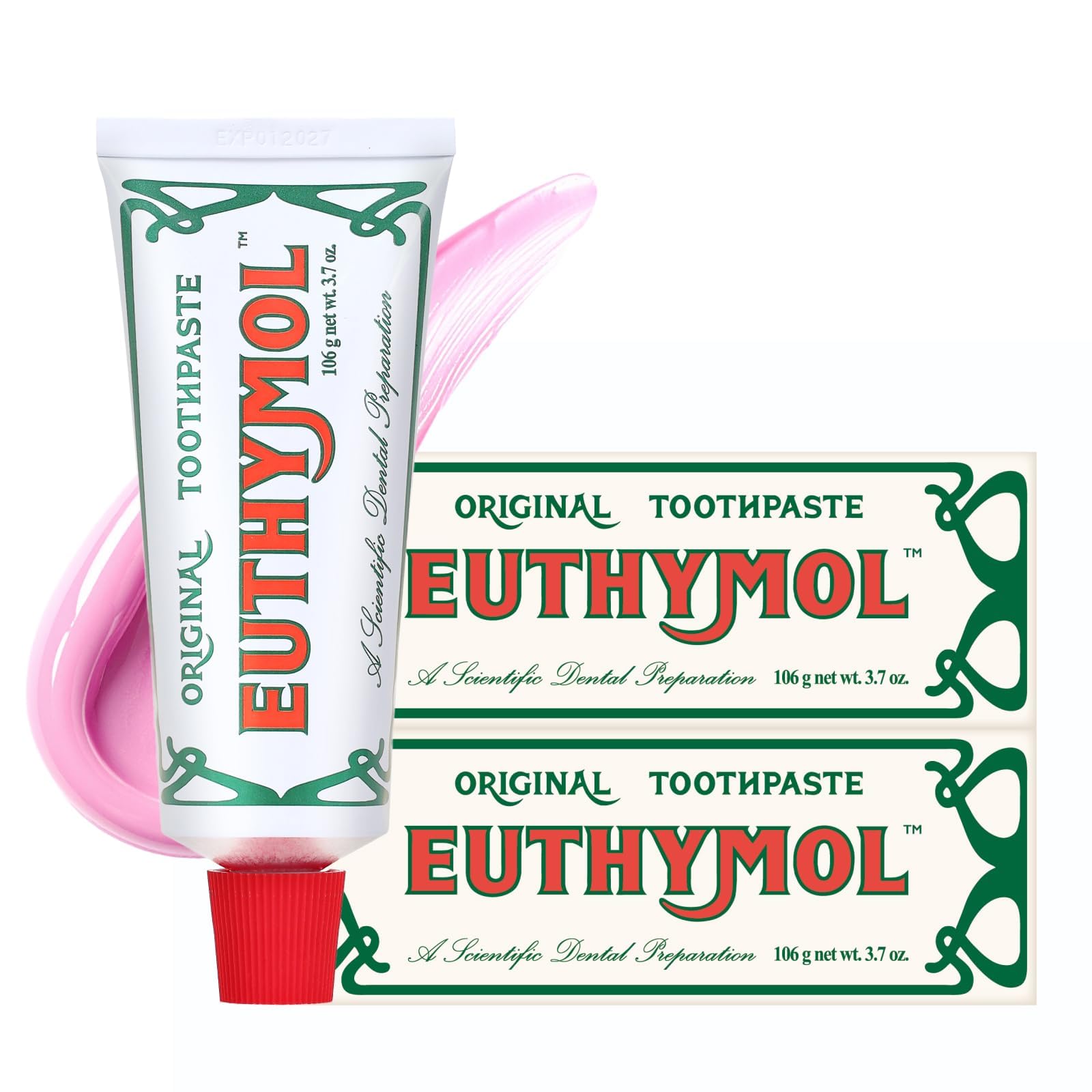 Euthymol tubo frontal mostrando diseño clásico y facilidad de uso