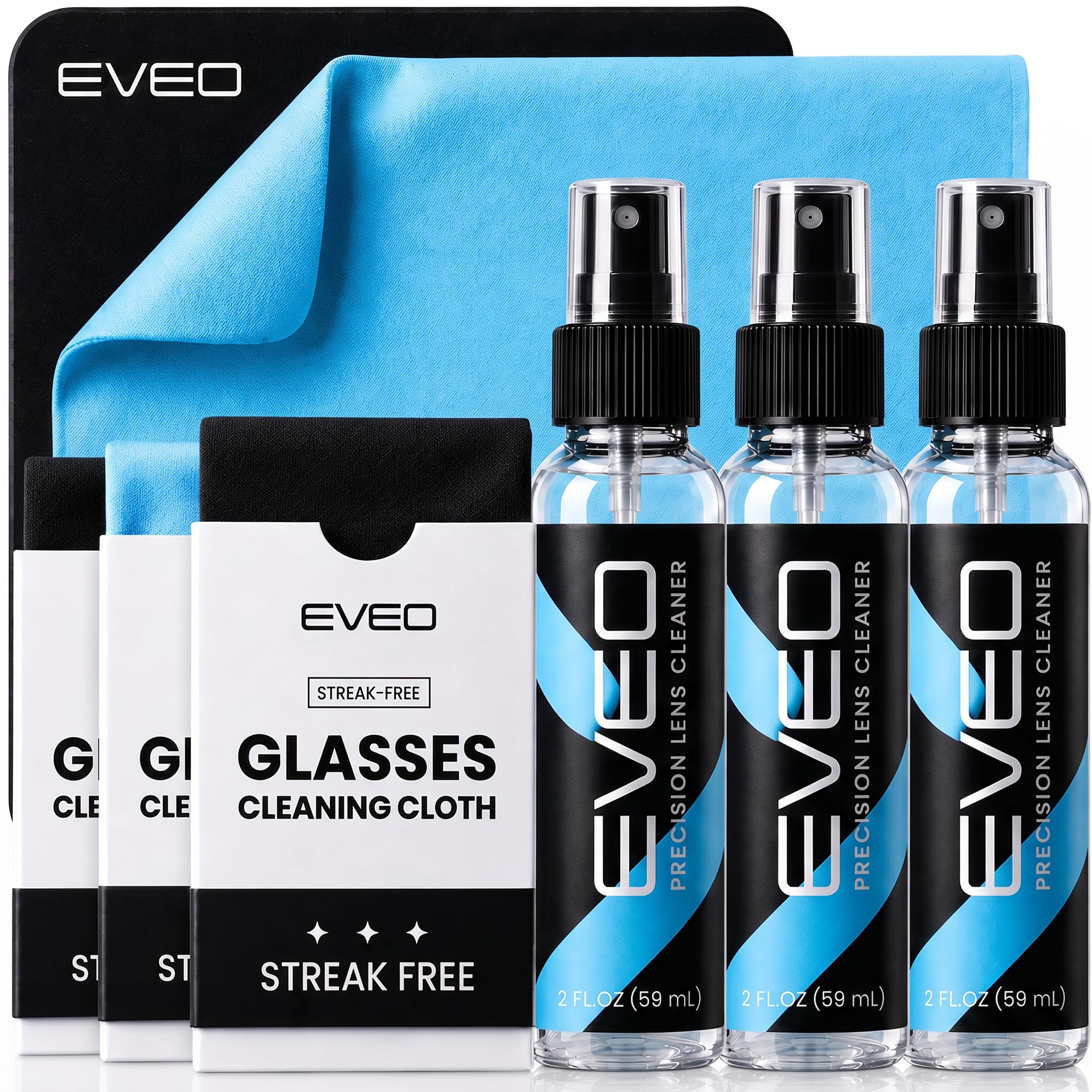 EVEO kit frontal empaque mostrando spray y paño, limpieza conveniente