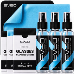 EVEO kit frontal empaque mostrando spray y paño, limpieza conveniente